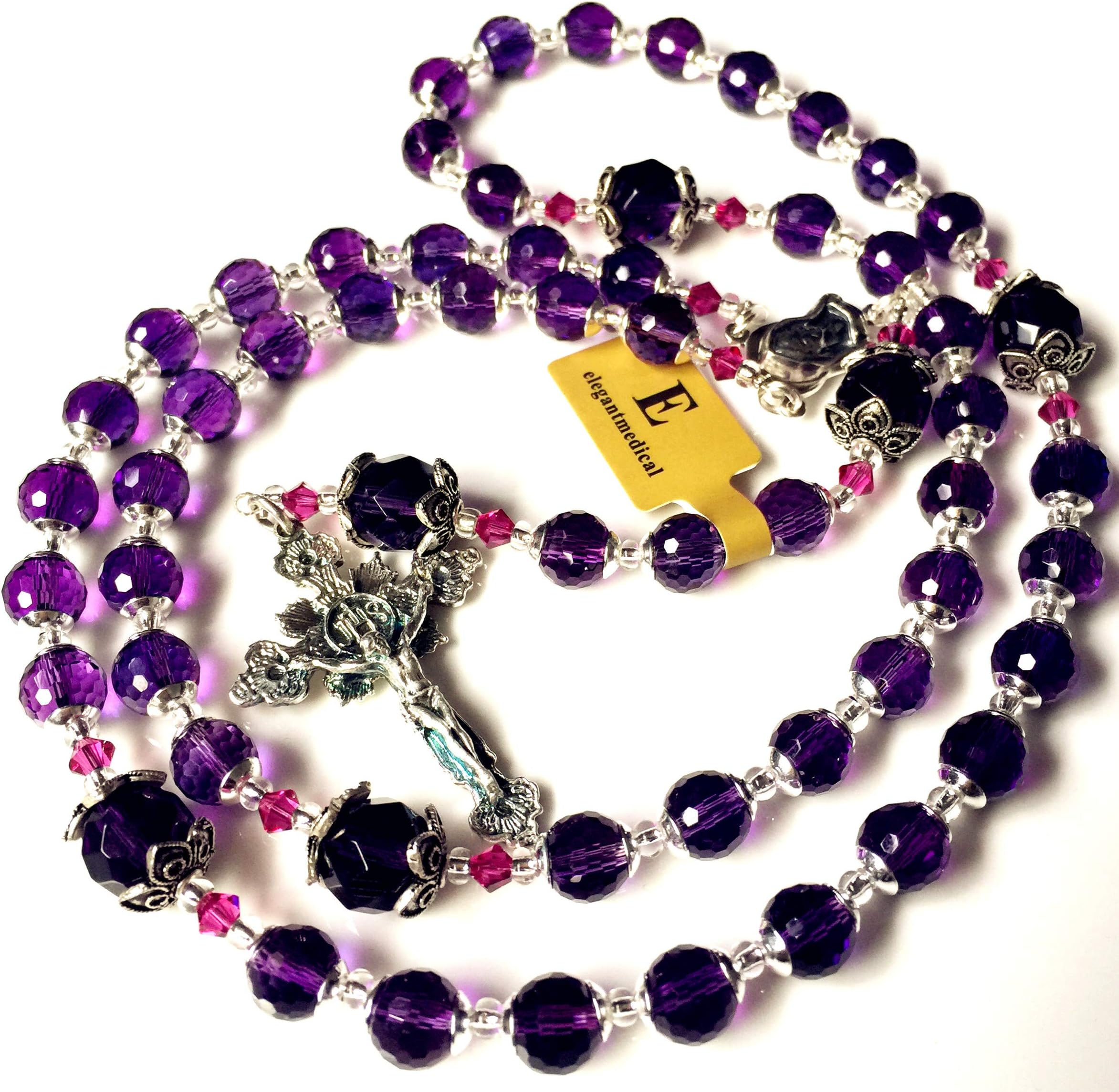 Handmade 925 Sterling Silver Purple Amethyst Beads Catholic Necklace Rosary Cross & gift box