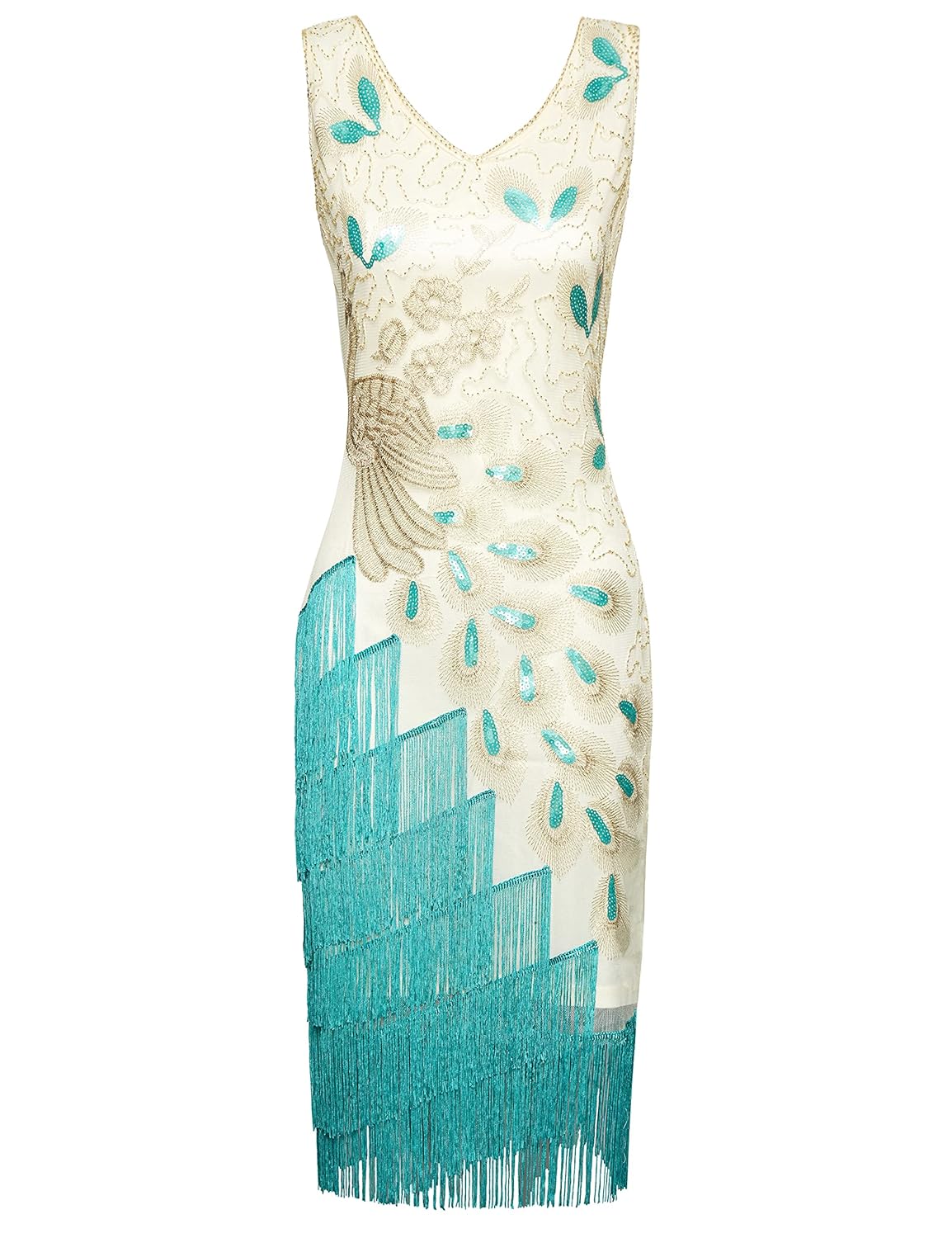 Buy BABEYOND 1920s Vintage Peacock Sequined Dress Gatsby Fringed
