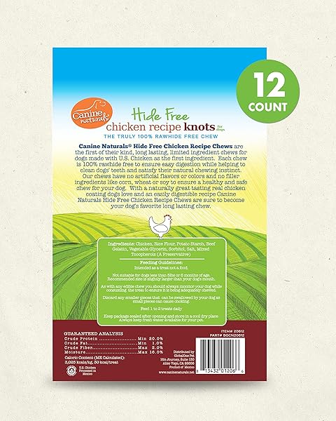 CANINE NATURALS CHICKEN RECIPE CHEW – RAWHIDE FREE DOG TREATS – MADE FROM USA RAISED CHICKEN – ALL-NATURAL AND EASILY DIGESTIBLE – 12 PACK OF MINI KNOTS FOR DOGS 5-20LB