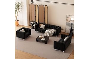UBGO Modern 3-Piece Including Three-Seater, Loveseat and Single Chair,Buttoned Tufted Backrest, Dutch Fleece Upholstered Sofa with Solid Wood Legs for Living Room Furniture Set (Black)