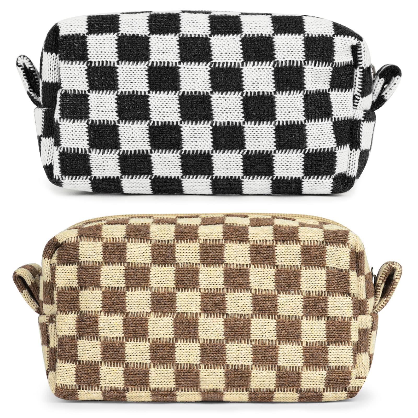 Aucuu 2 Pcs Makeup Bag Checkered Cosmetic Bag, Portable Travel Toiletry Bag with Premium Zipper, Fashion Makeup Storage Bag for Women Girls - Large Capacity (Black&Light Brown)