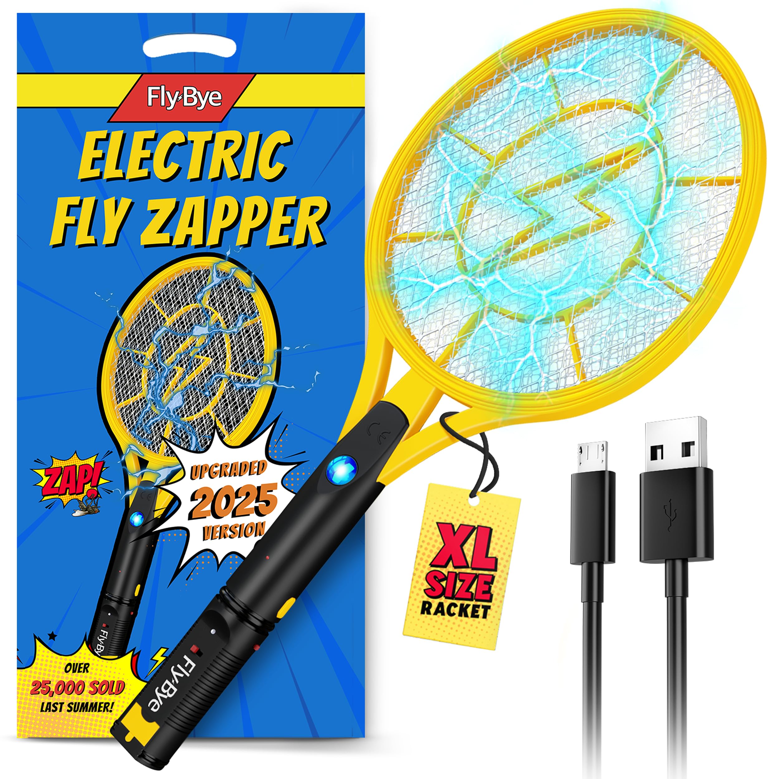 Fly-Bye - Electric Fly Zapper (XL) 4000V, USB Rechargeable, LED Light – Fly Killer Electric Swatter for Home