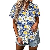 MYHALF Women Hawaiian Shirt Soft Cool Summer Hawaii Shirts Floral Tropic Print V Neck T-Shirt Short Sleeve Button Up Tops
