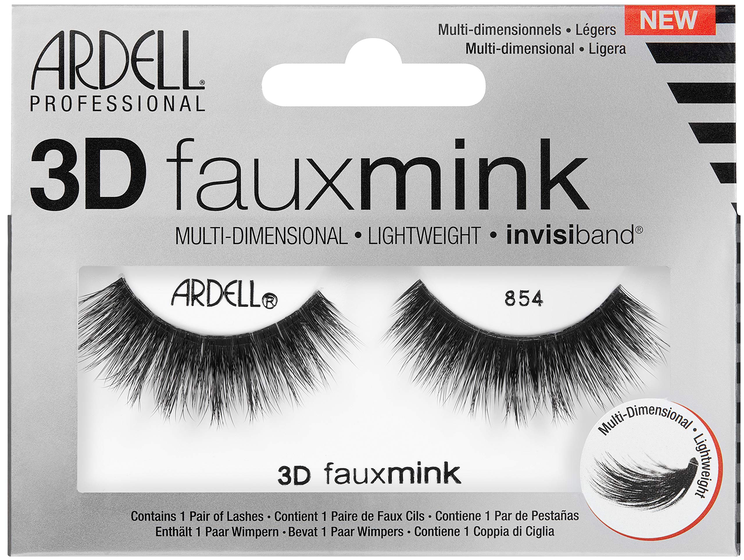 Ardell 3D Faux Mink 854 False Eyelashes, Multi-Dimensional Fake Lashes for Feathery Look, Full Volume & Medium Length, Fake Eyelashes with Invisiband, Lightweight & Comfortable, 1 Pair of Strip Lashes