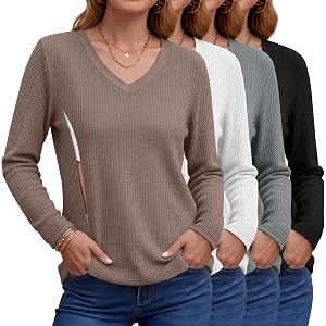 Locoowai Women's Nursing Long Sleeve Shirts | V Neck Breastfeeding Tops with Hidden Zipper maternity Clothes Waffle Knit Fitt