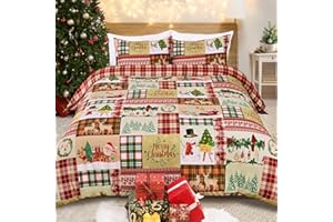 INVOIBLER Christmas Duvet Cover Set Queen Xmas Tree Santa Claus Patchwork Comforter Cover 3 Pcs Deer Plaid Bedding Cover Soft Microfiber Quilt Cover with Zipper Closure (1 Duvet Cover, 2 Pillow Shams)