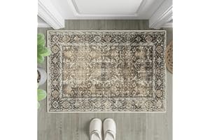 PureCozy Brown Entryway Rug 2x3 Vintage Area Carpet Indoor Kitchen Washable Door Mat Living Room Entrance Small Low Pile Traditional Distressed Retro Accent Throw Rug Non Slip Office Bathroom