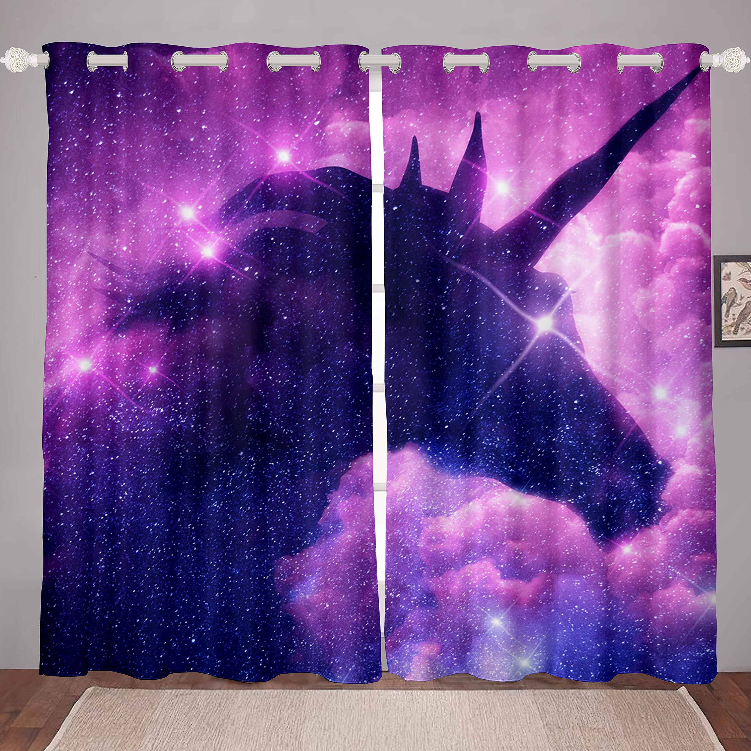 Galaxy Unicorn Curtains for Bedroom Living Room Galaxy Starry Sky Nebula Curtains Magical Fantasy Unicorn Windows Drapes for Kids Boys Girls Universe Outer Space Curtains,W46*L72