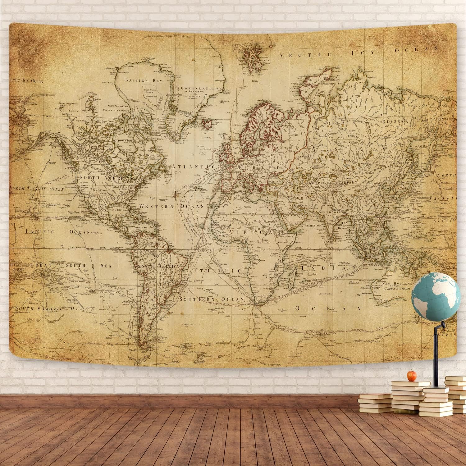 Tapestries - Old World Map Tapestry, Vintage World Map Geographical Distribution Tapestry Wall Hanging, Brown Historical Atlas Educational World Map Poster for Wall Classroom Bedroom Living Room Office 80x60 Inch