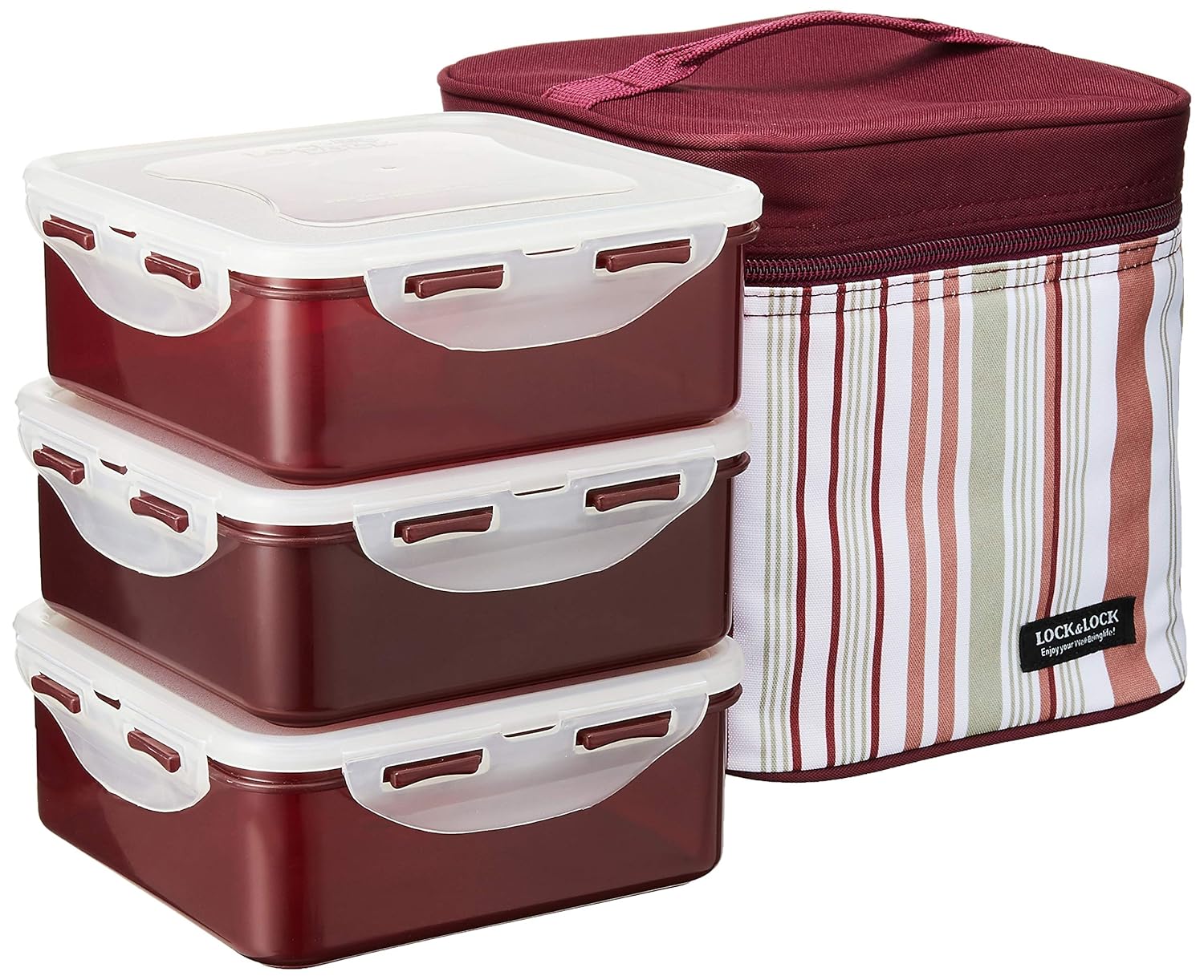 Buy Lock&Lock Lunch Box Set with Insulated Stripe Bag, 3Pieces, Pink