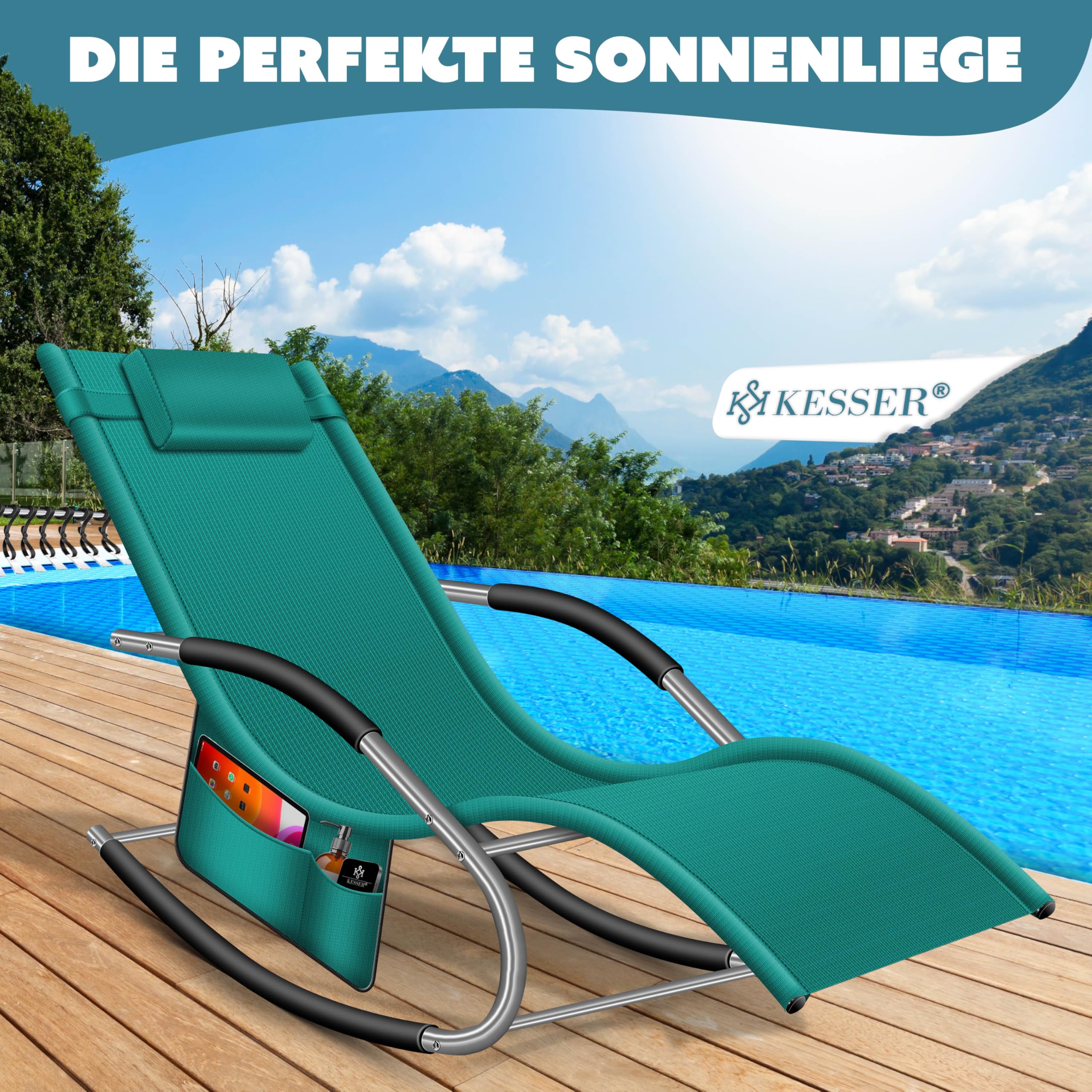 KESSER® Sonnenliege Relaxliege Schwungliege | Gartenliege | Gartenstuhl | Liegestuhl | Schaukelsessel | ergonomische Relaxsessel | Kopfkissen | wetterfest | 150 kg Belastung | Petrolgrün 7
