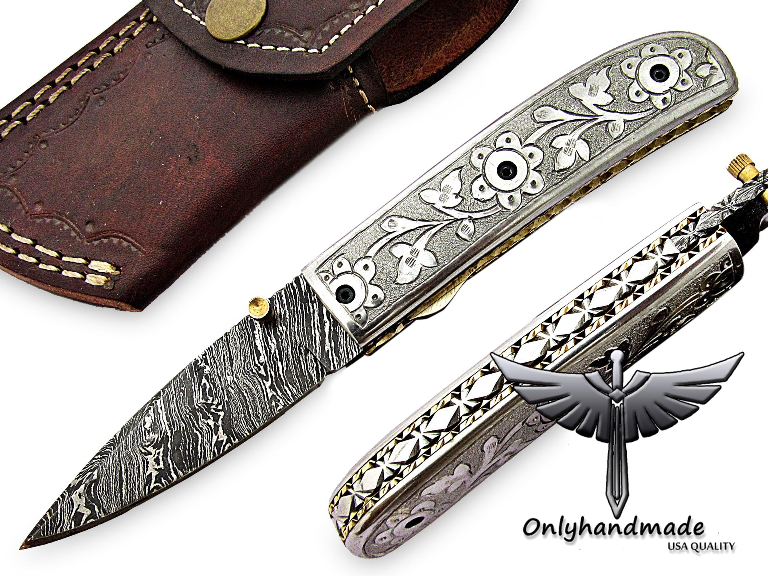 OH-08 Custom Handmade Damascus Steel Folding Knife - Beautiful Handle with Full Steel Engraved Bolsters. Knife is Durable