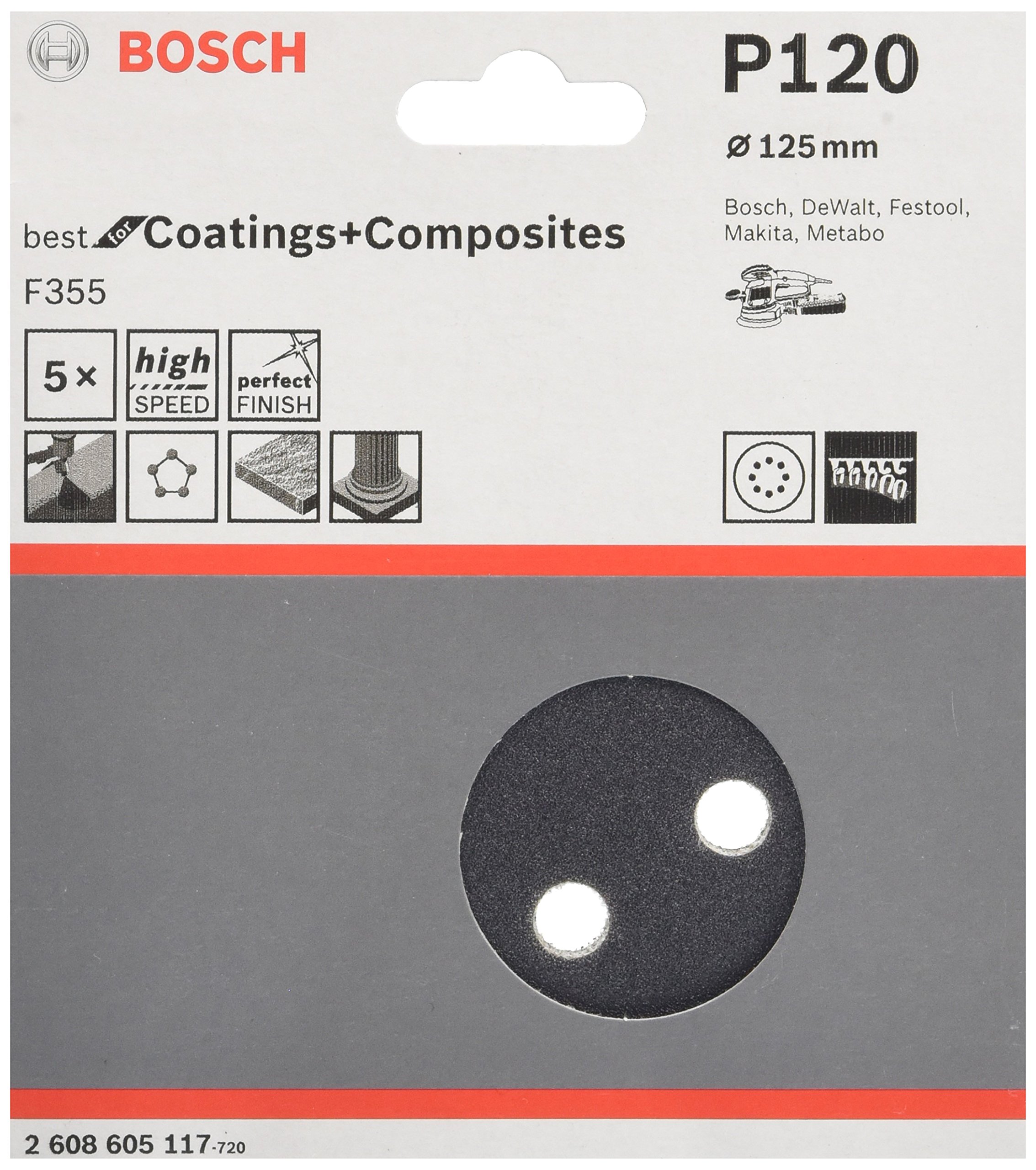 Bosch 5x PRO Plastic and Hard Stone F355 Sanding Disc (for Concrete, Hard stone, Ø mm, Grit 120, Professional Accessory Random Orbital Sander)