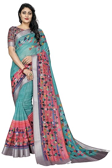 Womens Banarasi Linen Saree With Unstitched Blouse Piece (Digital_Print_Saree103_Multicolored)