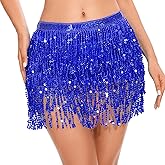ASKHOPE 4-Layer Sequin Fringe Skirt - Sparkly Tassel Belly Dance Hip Scarf - Glitter Rave Skirt for Women Girls