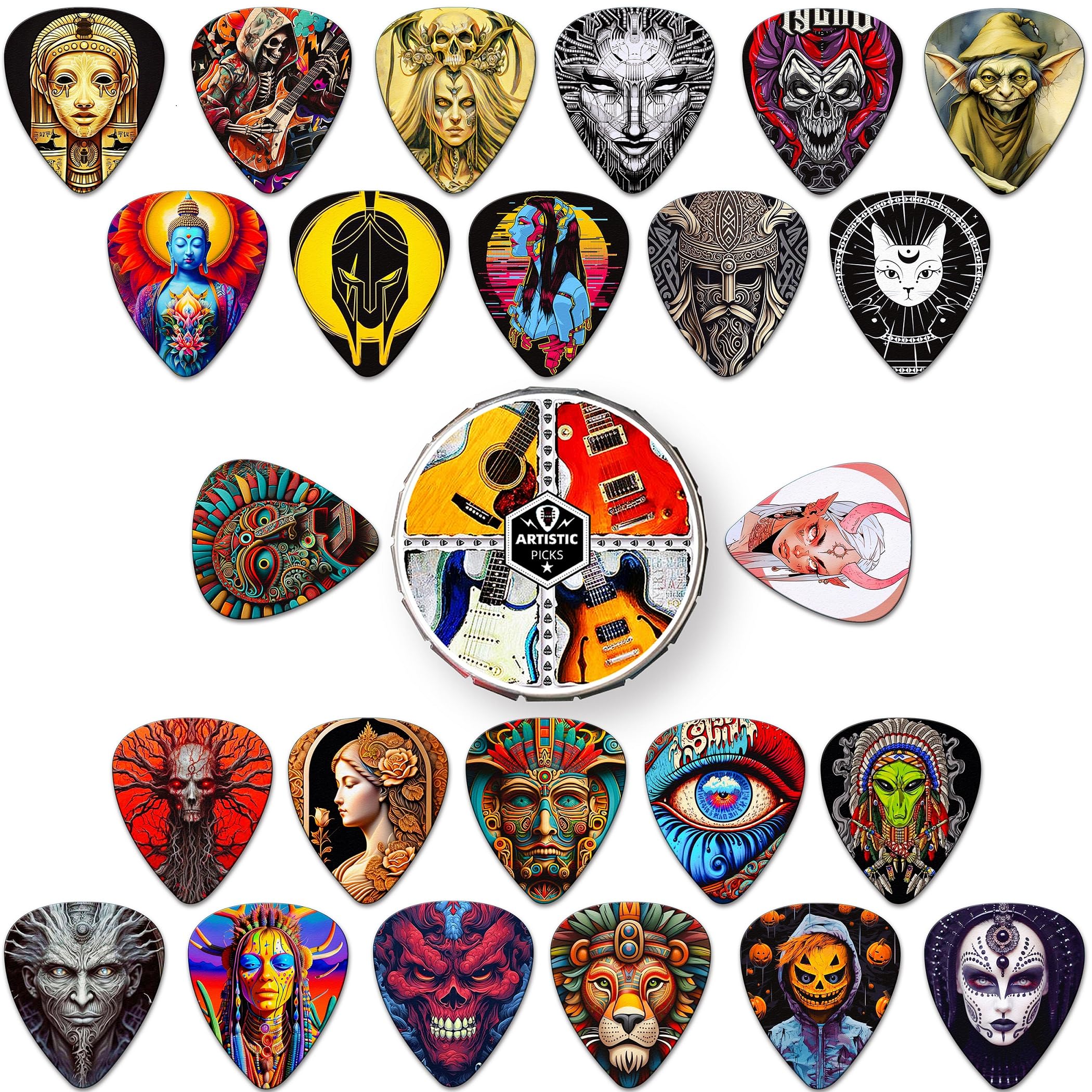 Guitar Plectrums 24 Pack Mix-4, 0.46-1.2mm Thin to Heavy, Personalised for Acoustic, Bass, Electric Guitar