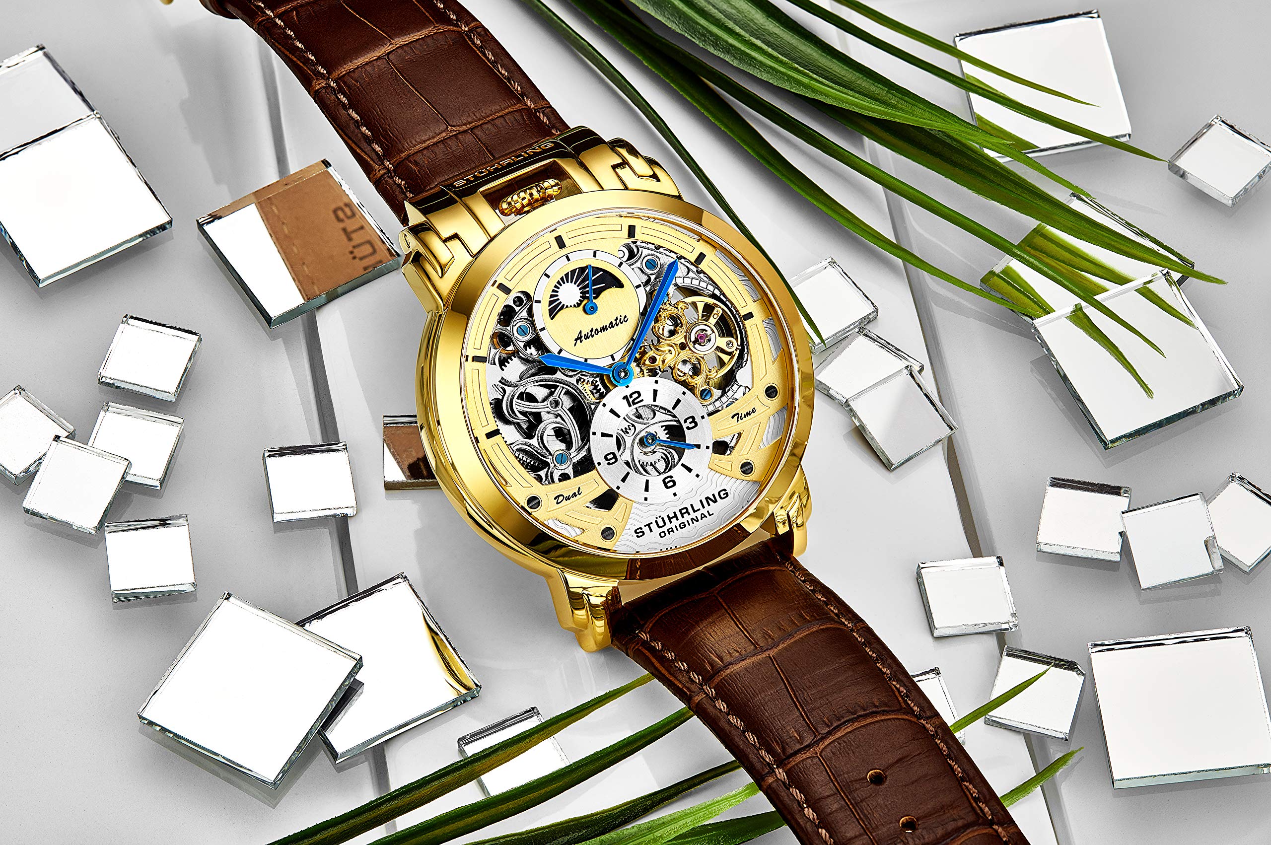 Stuhrling Orignal Mens Watch Automatic Watch Skeleton Watches for Men - Leather Luxury Dress Watch - Mechanical Watch Stainless Steel Case Self Winding Analog Watch for Men