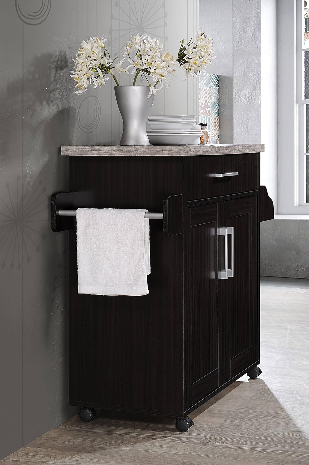Hodedah Kitchen Island with Spice Rack, Towel Rack & Drawer, Chocolate with Grey Top: Furniture & Decor