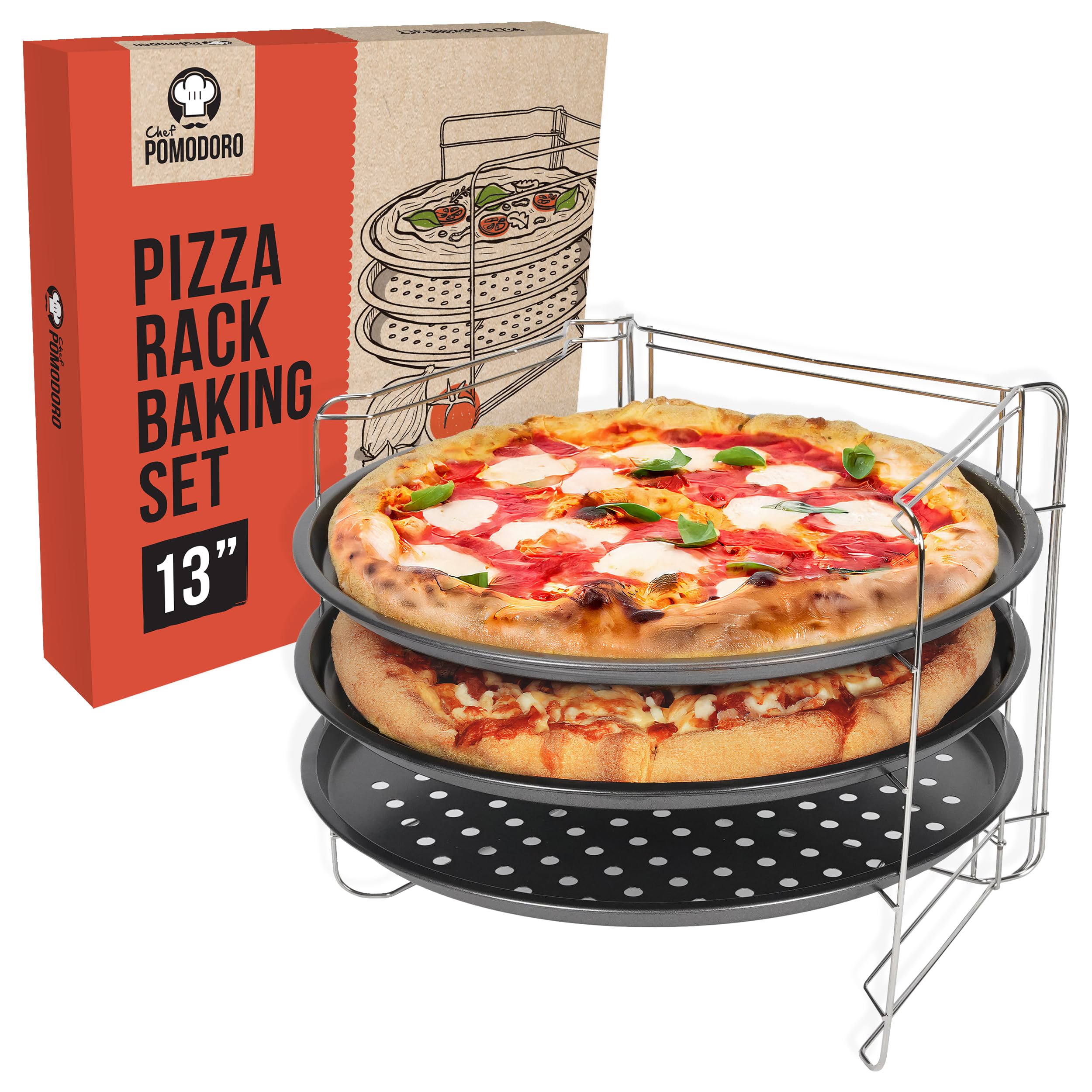 Chef Pomodoro Pizza Baking Set with 3 Pizza Pans and Pizza Rack, (33 cm Pans), Non-Stick Perforated Pizza Trays for Oven, Pizza Pan with Holes for Oven, Barbeque, Bakeware