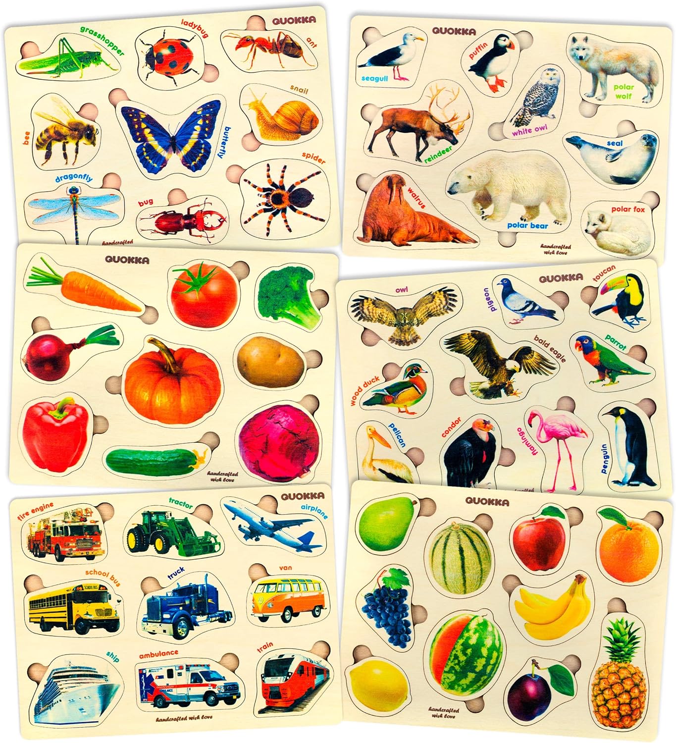 Toddler Puzzles for Kids Ages 2-4 by Quokka - 6 Wooden Puzzles for Toddlers 1-3 Years Old – Children's Wood Toys for Learning Realistic Animals Fruits Veggies Vehicles - Gift for Boys and Girl 3-5