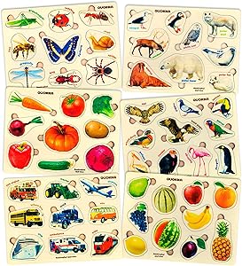 Toddler Puzzles for Kids Ages 2-4 by Quokka - 6 Wooden Puzzles for Toddlers 1-3 Years Old – Children's Wood Toys for Learning Realistic Animals Fruits Veggies Vehicles - Gift for Boys and Girl 3-5