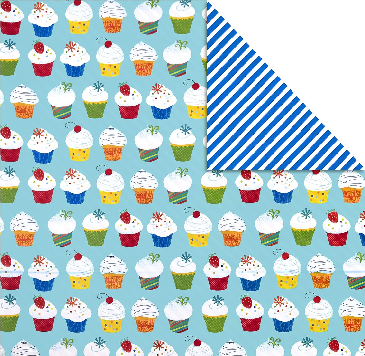 Hallmark All Occasion Reversible Wrapping Paper Bundle - Kids Birthday (3 Rolls - 75 sq. ft. ttl) Balloons, Stars, Cupcakes, Blue Stripes, Solid Red: Kitchen & Dining