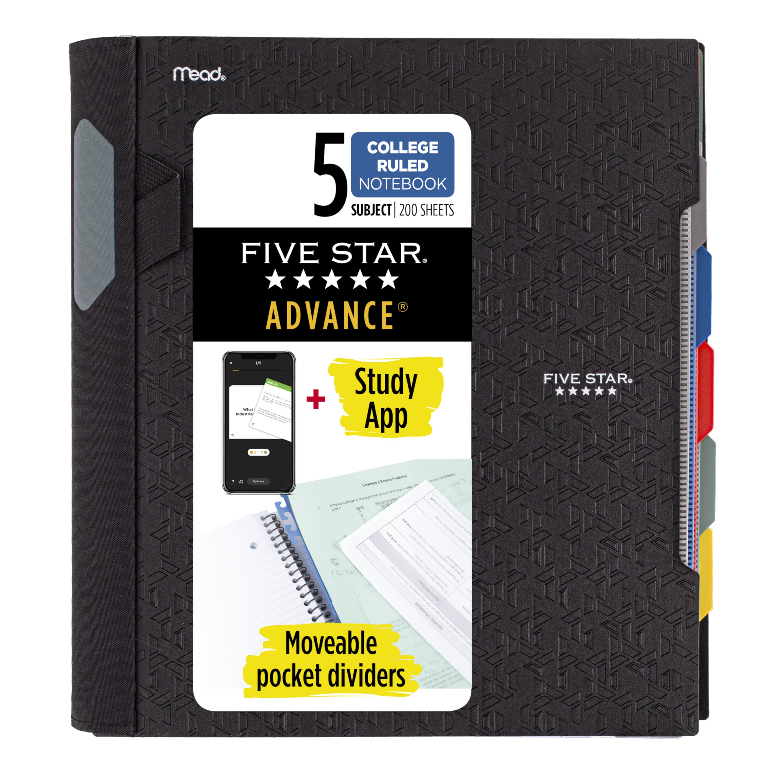 Five Star Spiral Notebook + Study App, 5 Subject, College Ruled Paper, Advance Notebook with Spiral Guard, Movable Tabbed Dividers and Expanding Pockets, 8-1/2" x 11", 200 Sheets, Black (73144)