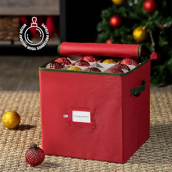 ZOBER CHRISTMAS ORNAMENT STORAGE BOX – STORES 64 3″ ORNAMENTS, WITH DIVIDERS – ORNAMENT ORGANIZER STORAGE BOX, DURABLE CHRISTMAS CONTAINERS HOLDER, DUAL ZIPPER – RED
