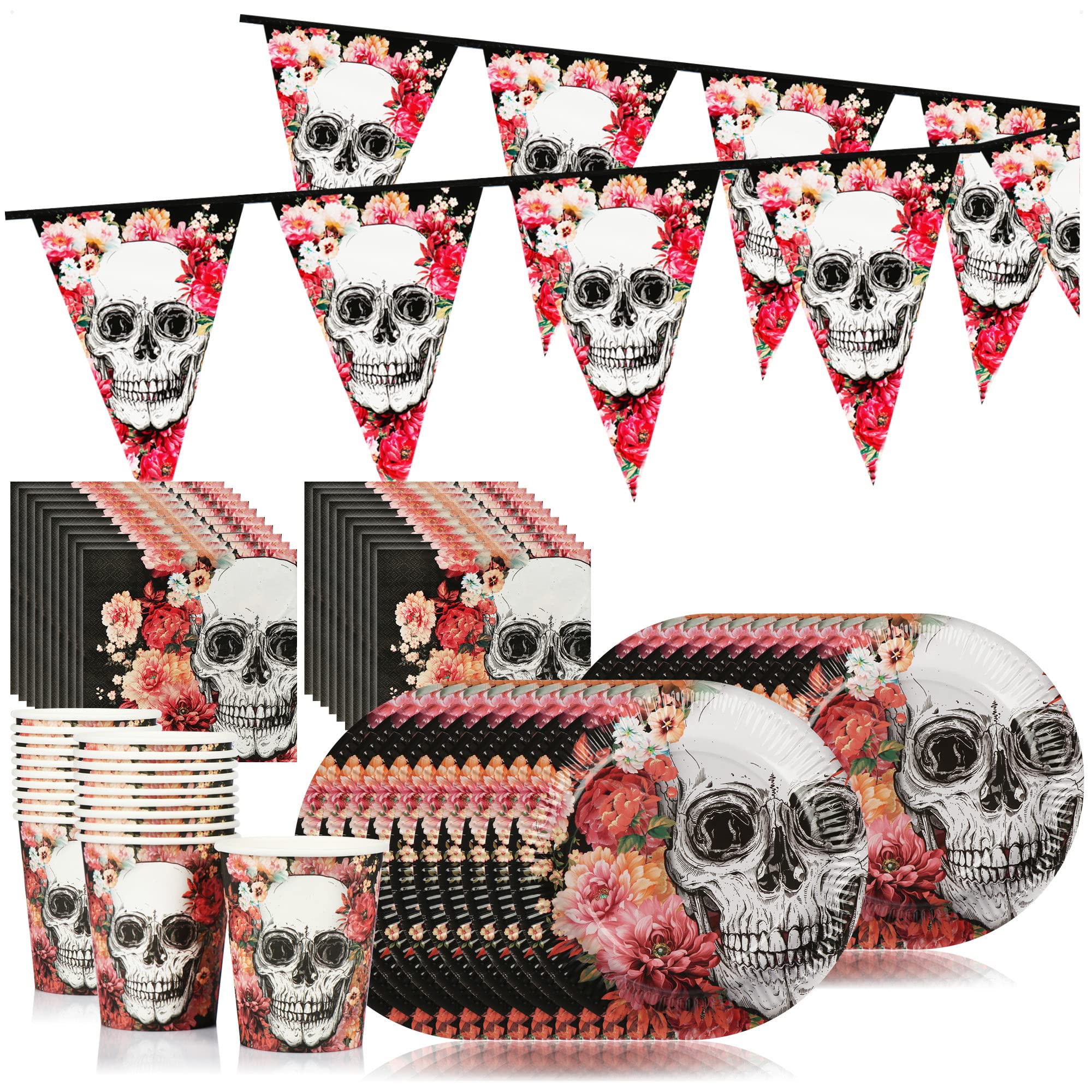 com-four® 61-piece Party Set Dia de Los Muertos - Cardboard Tableware, Napkins, Pennant Chain with Skull for Halloween, Day of the Dead, Theme Party or Children's Birthday (Set 4-61 Pieces)
