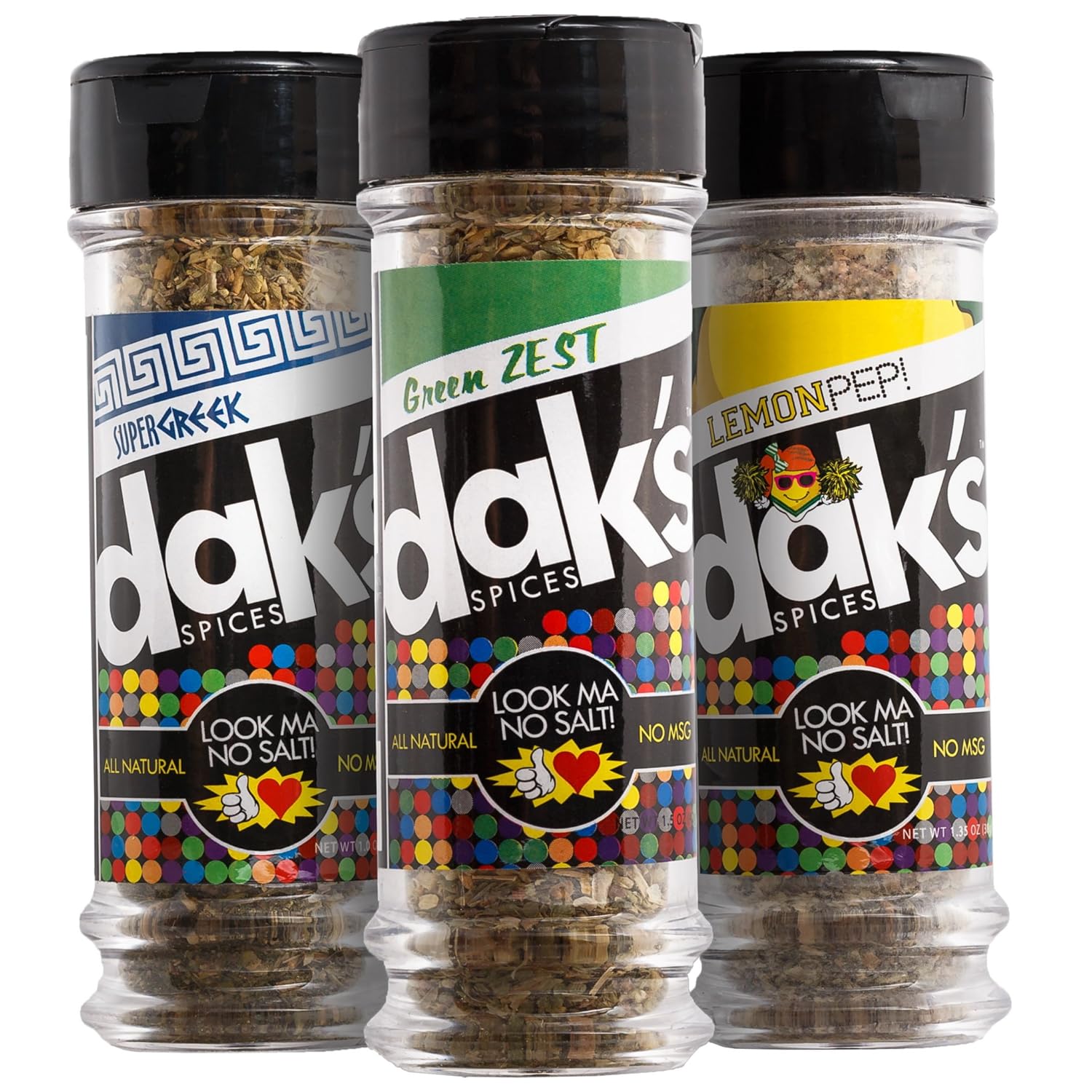 DAK's Spices LEAN GREEN TRIO &ndash; Three favorite blends ideal for poultry, seafood and veggies. With 0% SALT and 0% MSG! FREEDOM from Salt, Low Salt, Low Sodium! All natural, 100% MSG and Sodium Free!