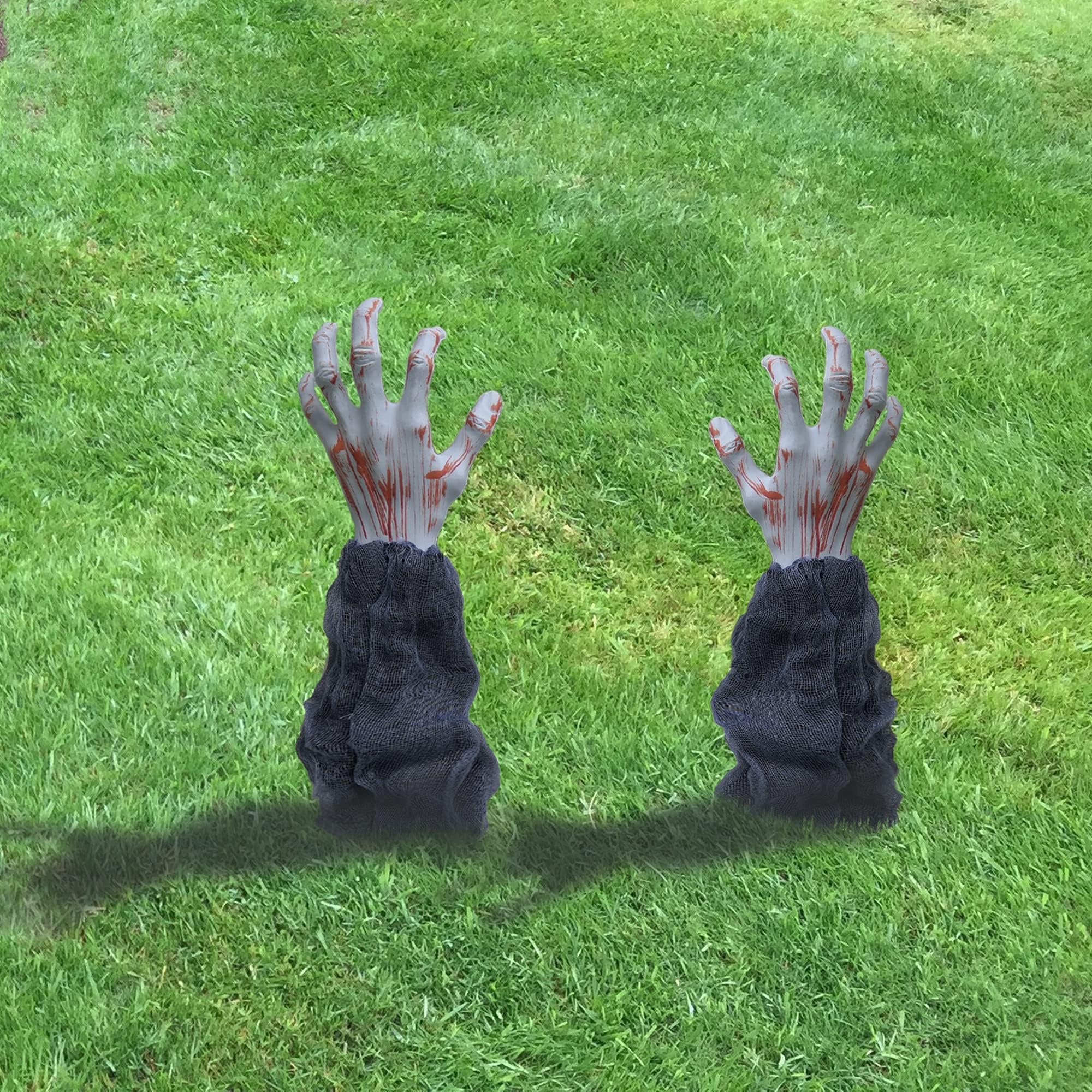 Photo 1 of CHESLICR Halloween Decor Outdoor Zombie Hand Stakes Graveyard Lawn Decorations, Scary Realistic Blood Skeleton Fake Arm Stakes, Creepy Halloween Decor Outside for Spooky Yard Ground, Haunted House
