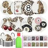 Ferrochef 8 Pcs Acrylic Leopard Print Diamond Painting Coasters with Holder Cheetah Cherry DIY Diamond Art Coaster Kit Sparkling 5d Coaster Crafts for Coquette Disco Table Decor Gifts for Women
