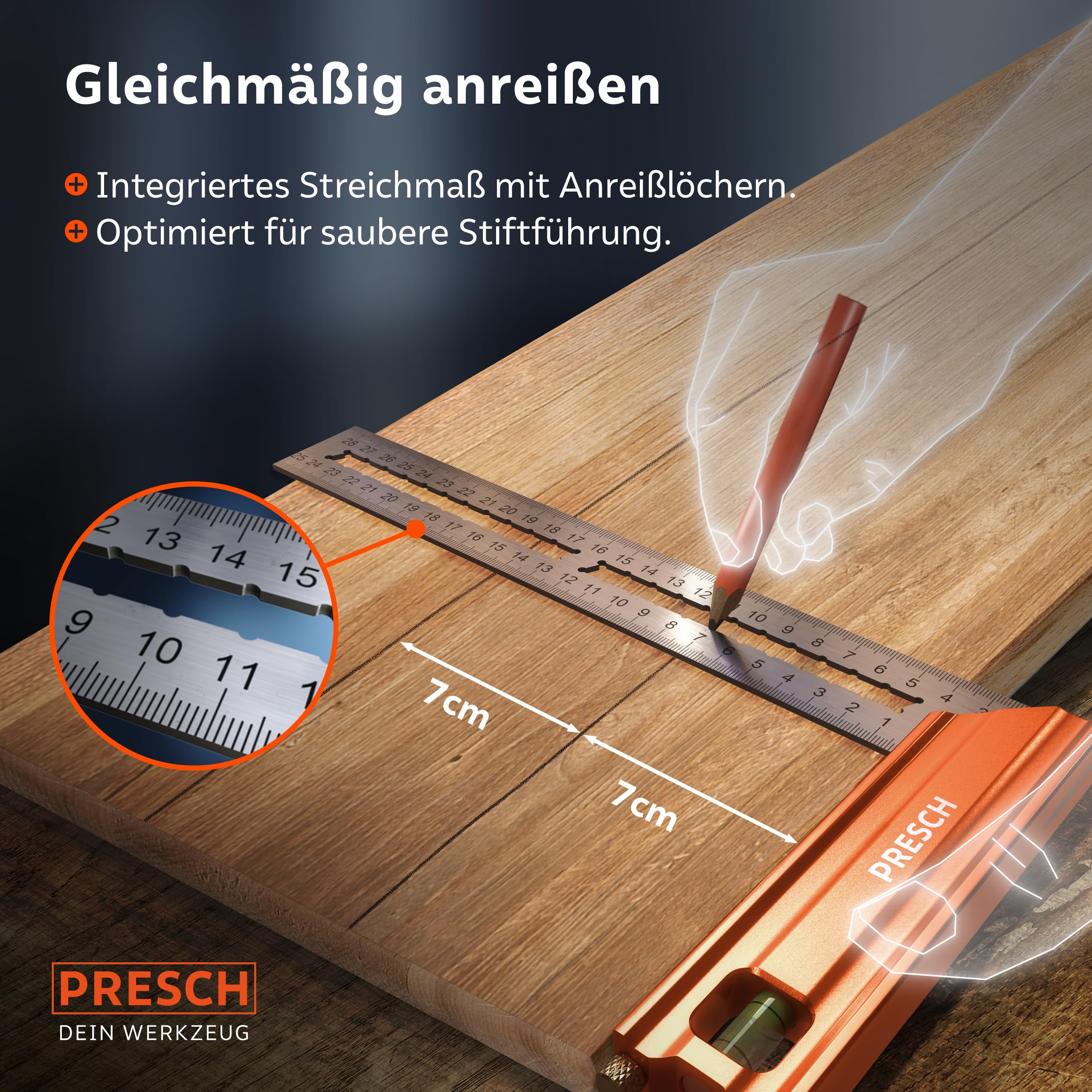 Presch Anschlagwinkel 250mm - Hochpräzise & Rostfrei - Innovatives Streichmaß 25cm - Exakter Schreinerwinkel inkl. Wasserwaage & Anreißnadel für ultimative Vielseitigkeit - Perfekte 90° & 45° 5