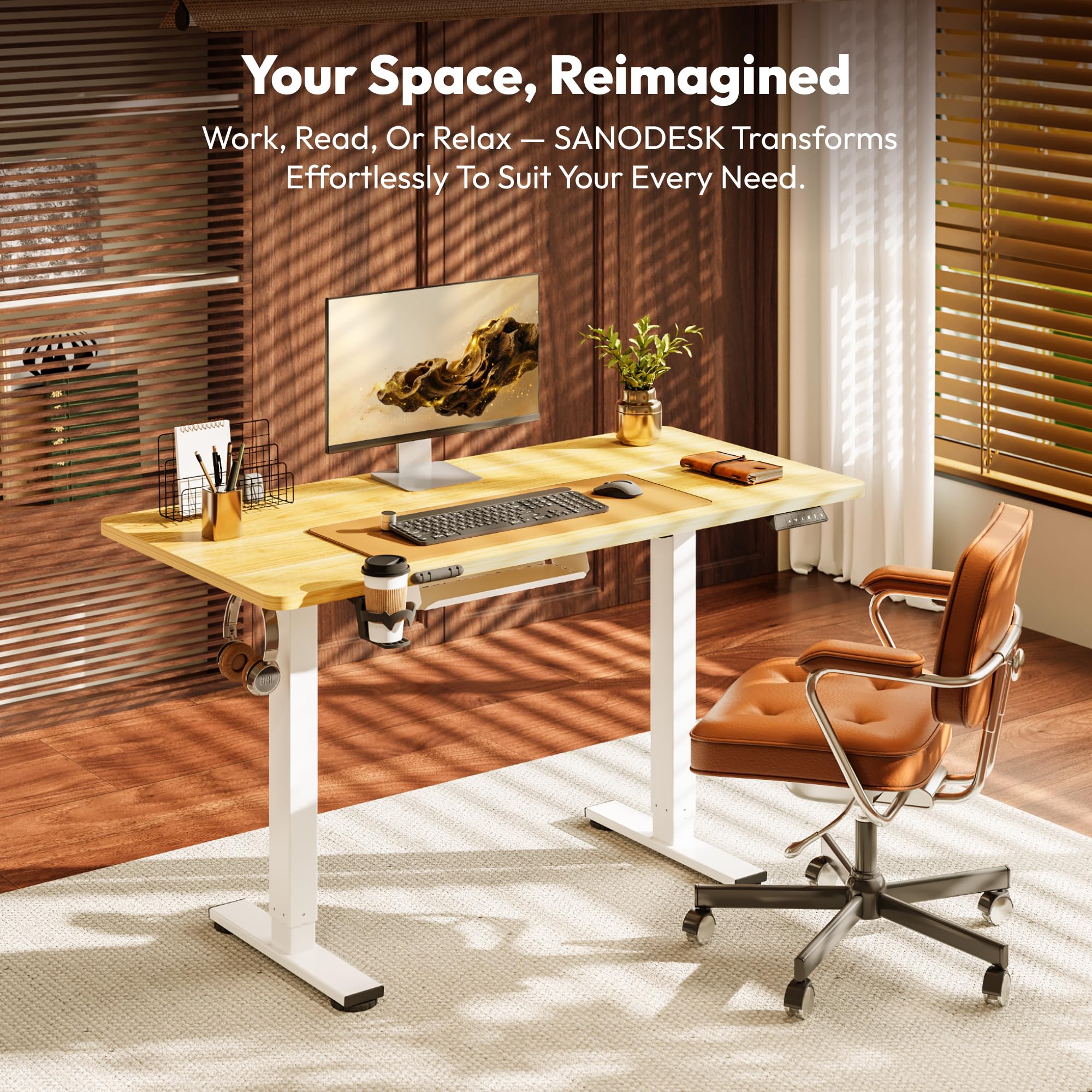 SANODESK Höhenverstellbarer Schreibtisch 110×54 cm – Kompakter Standing Desk mit praktischem Zubehör, ideal für kleine Räume, leise & sicher mit Anti-Kollisions-Schutz(ahorn) 3