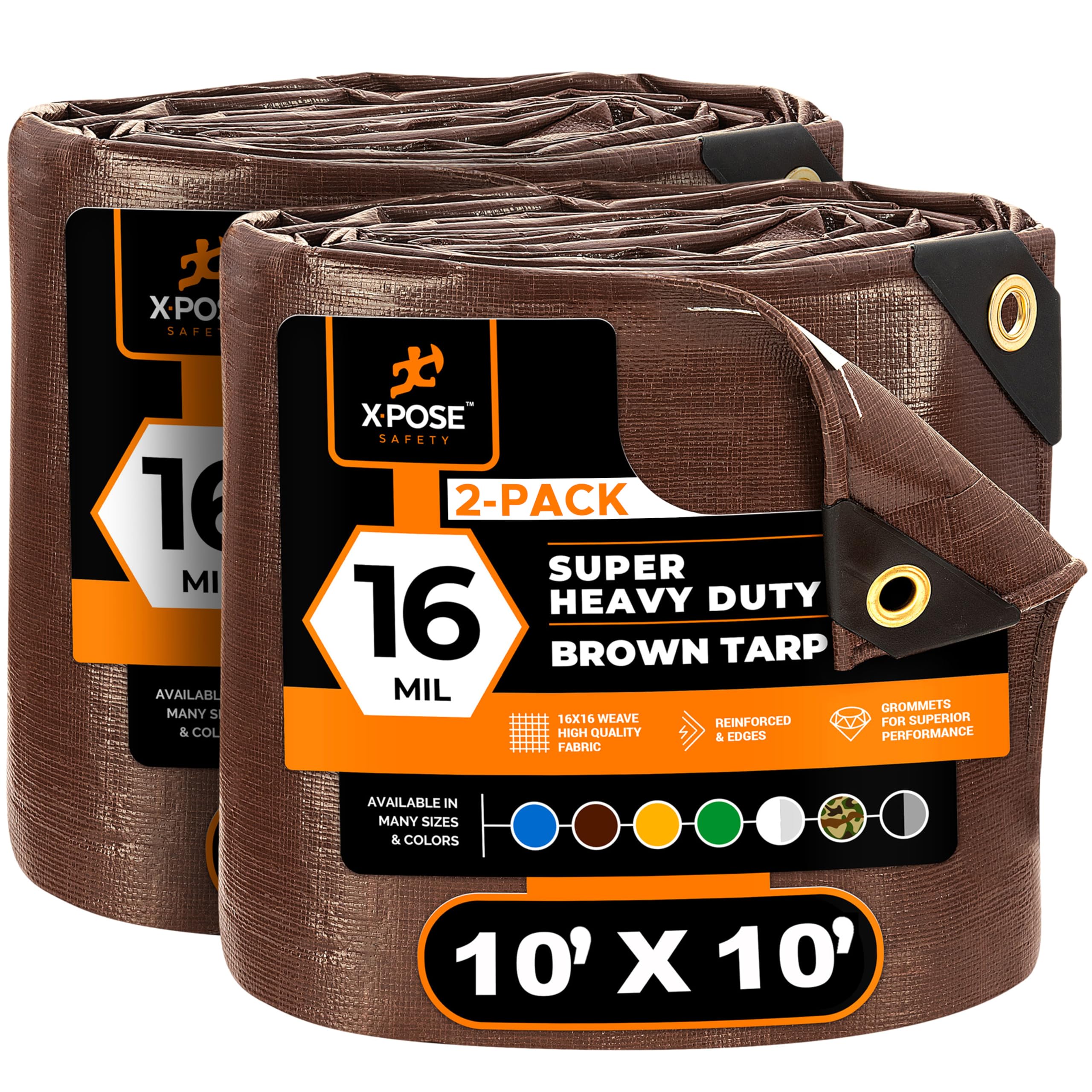 Photo 1 of Xpose Safety Super Heavy-Duty 10' x 10' Brown Poly Tarp (2-Pack) - 16 Mil Waterproof & UV Resistant, Rip-Proof with Reinforced Edges & Grommets