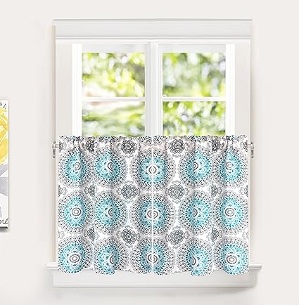 DriftAway Bella Medallion Pattern Room Darkening Kitchen Tier Window Treatment, Set of Two, Each 30x36+ 1 Header, Aqua/Gray