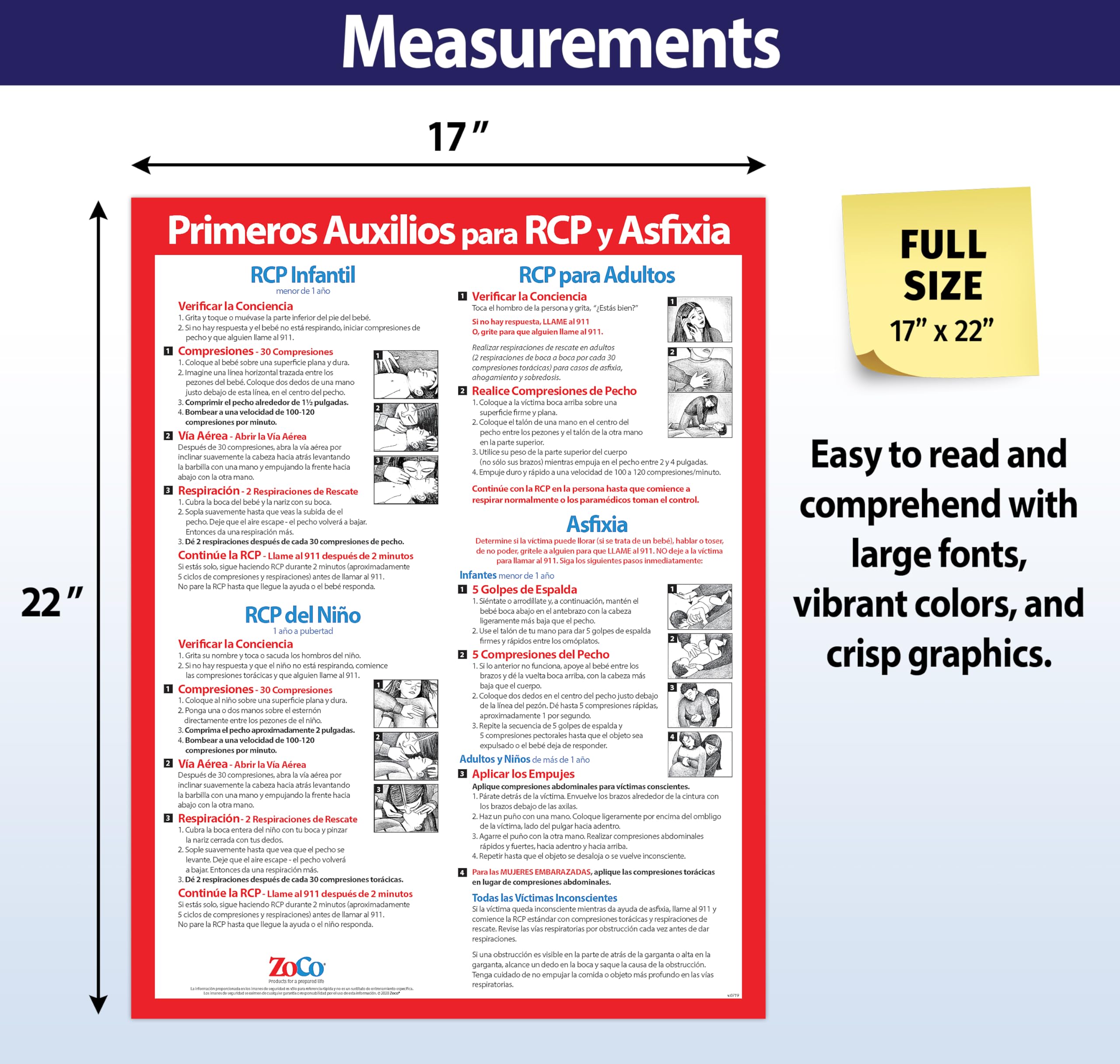Safety Magnets CPR & Choking Poster in Spanish (en Español) - Laminated, 17 x 22 inches - Restaurant Compliance Signs - School Supplies in Spanish