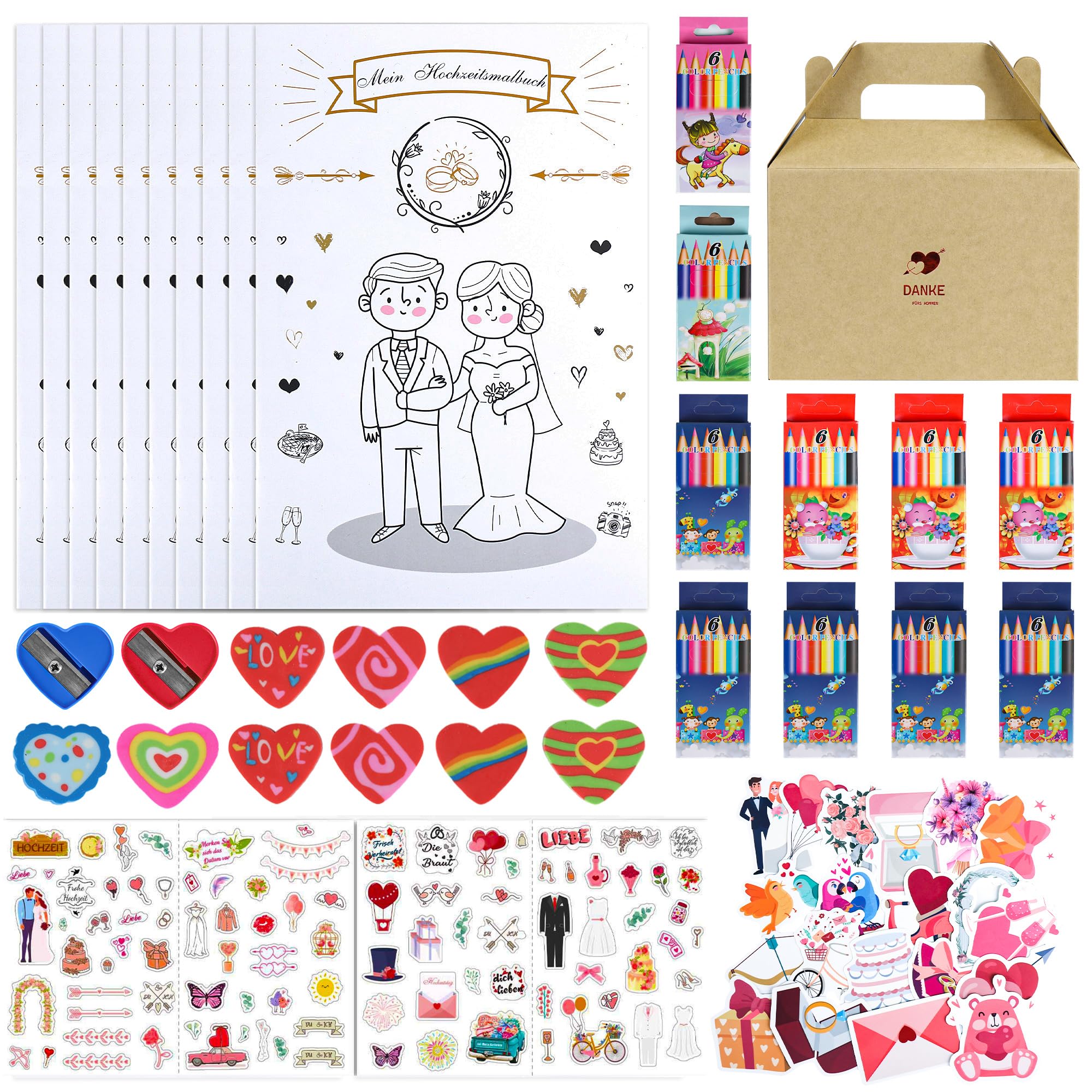 Wedding Guest Gift Set - 10 Children's Colouring Books with Pencils & Stickers - Emergency Basket Favours