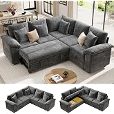 Ihanherry 86" Modular Sectional Sofa with Pull Out Bed, 5-Seater L Shaped Sectional Sleeper Couch with Storage, Chenille Convertible Couches for Living Room, Apartment (Grey)