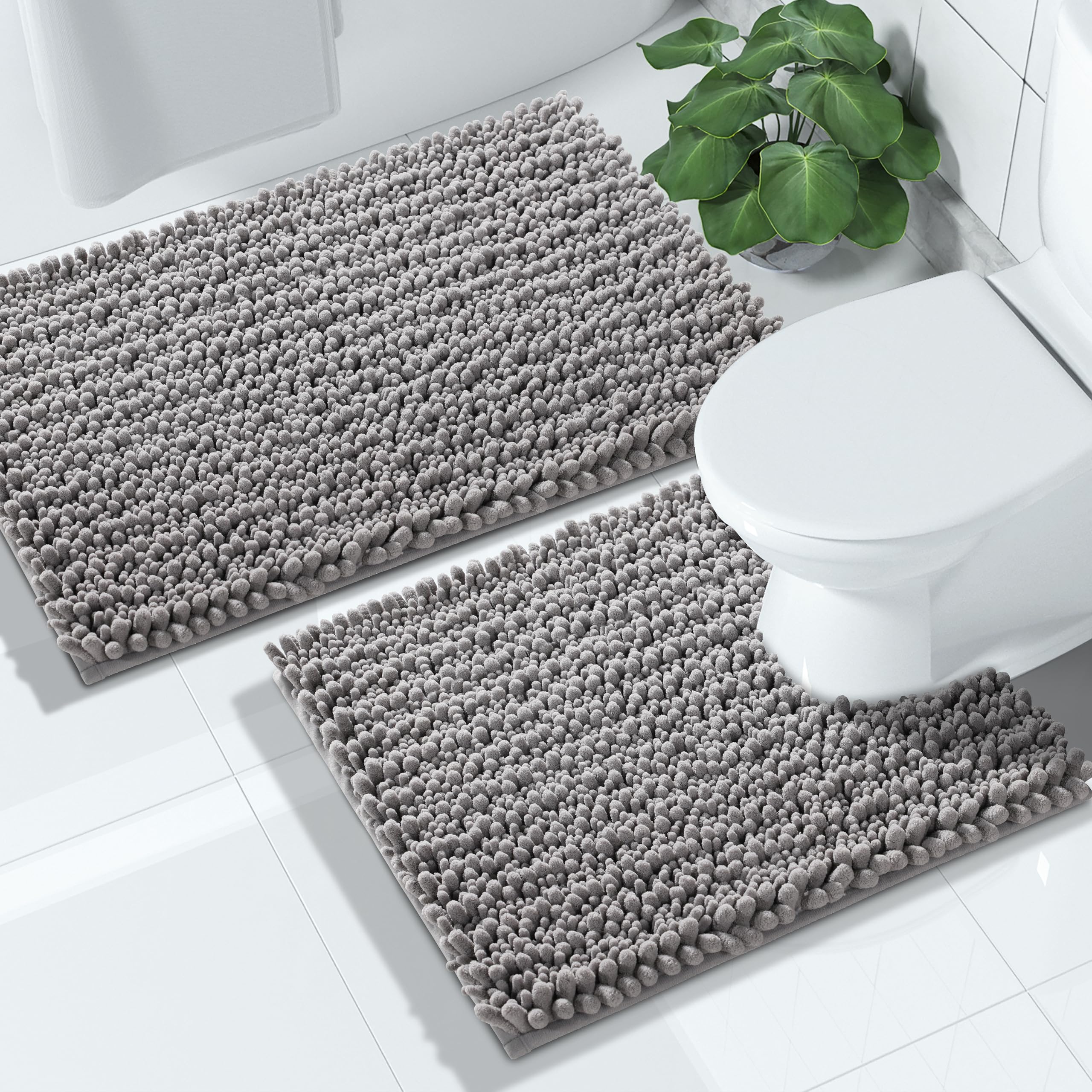 Photo 1 of Yimobra Bathroom Rugs Sets 2 Piece - Quick Dry Extra Thick Luxury Chenille Bath Mat, Non Slip Super Absorbent for Tub Shower Sink, Machine Washable Shaggy Floor Mat, 24"x17+24"x20" Inch, Grey