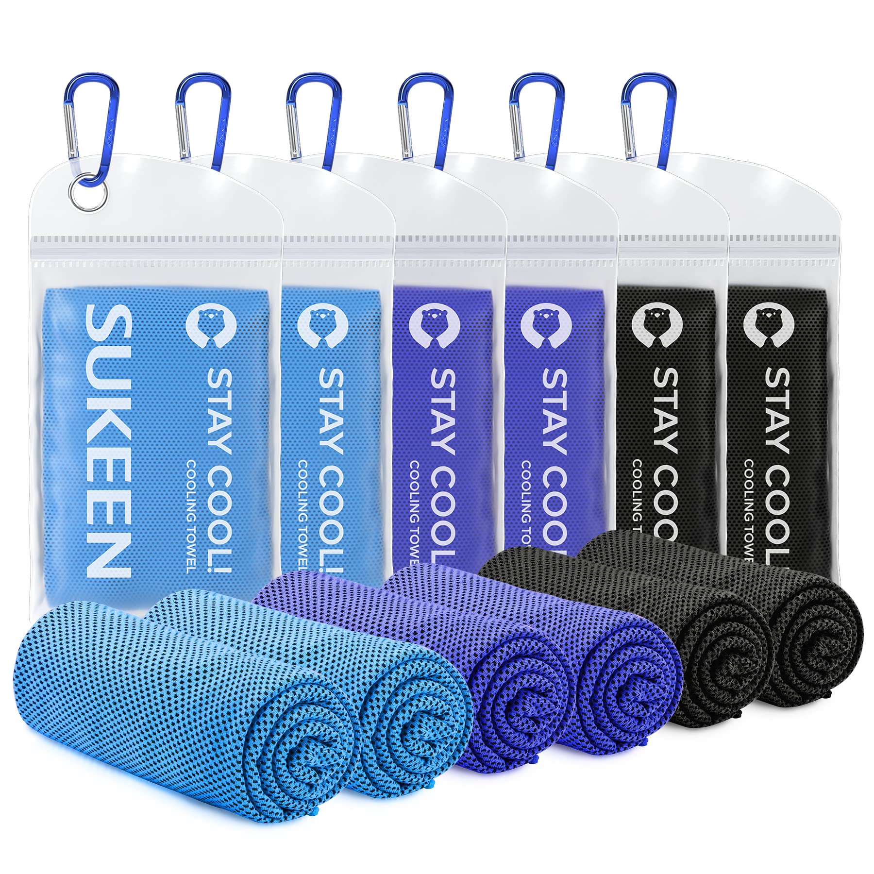 Sukeen Cooling Towel 6 Pack Fitness (100 x 30cm), Gym Quick Dry Ice Golf Yoga Sports Towels for Neck and Face,Cool Instant, 2*black+2*sky Blue+2*royal Blue