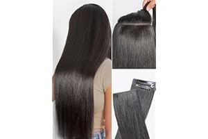 LUVME Invisible Clip in Hair Extensions, Yaki Straight Real Human Hair Remy Hair Clip ins for Women, Natural Human Hair, 18 inch 110g 6Pcs, Natural Black