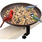 Deck Bird Feeder, Adjustable C-Clamp &amp; Drain Holes, 3.5LB Capacity, Bronze | Fits 0.8-2.5-Inch Rails, All Metal Construction, Weather Resistant, Drain Holes, Stainless Steel Spacer