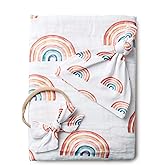 Miaoberry Organic Muslin Baby Swaddle Blanket and Hat Set Newborn Unisex Neutral Boy Girl| Boho Rainbow |Photo Props Birth Announcement Card