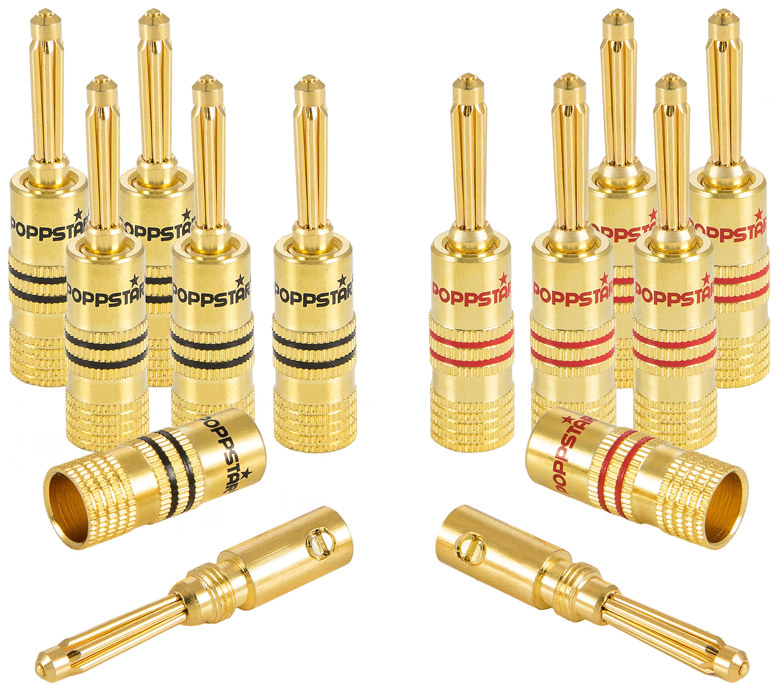 Poppstar 12x high end banana plugs, bananas for speaker cables (up to 4 mm²), speaker, AV receiver, 24k gold plated (6x black, 6x red)