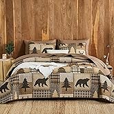 Wake In Cloud - Rustic Quilt Set, Cabin Country Christmas Bear Deer Wildlife Plaid Lodge Western Theme, Reversible Lightweight Bedspread Coverlet, 3 Pieces, Taupe Brown, King Size