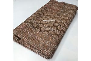 SAMBHAV QUILT HUB Brown Ajrakh Hippie Queen Kantha Quilt Handmade Bohemain Bedspread King Size Vegetable Dye Kantha Blanket Bedcover Boho Quilting Indigo Print Ajrakh Cotton Quilt 90X108 inch