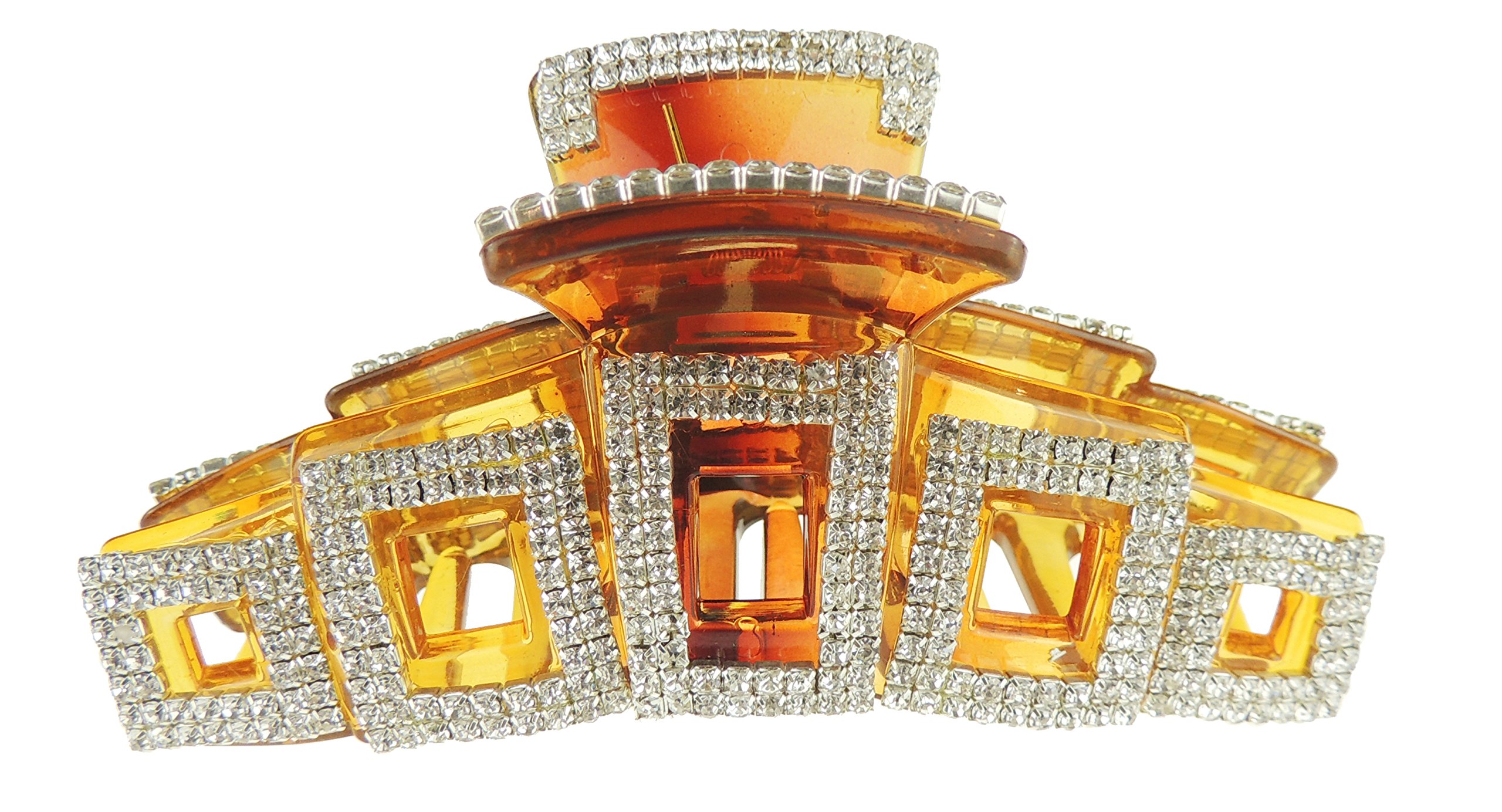 Sparkly Women Girls Thick Curly Long Hair X-Large 11cm Big Crystal Diamante Rhinestone Gems Bulldog Wave Jaw Clip Octopus Clamp Grip Bridal Wedding Party Styling Claw Butterfly Claw Squares (Brown)