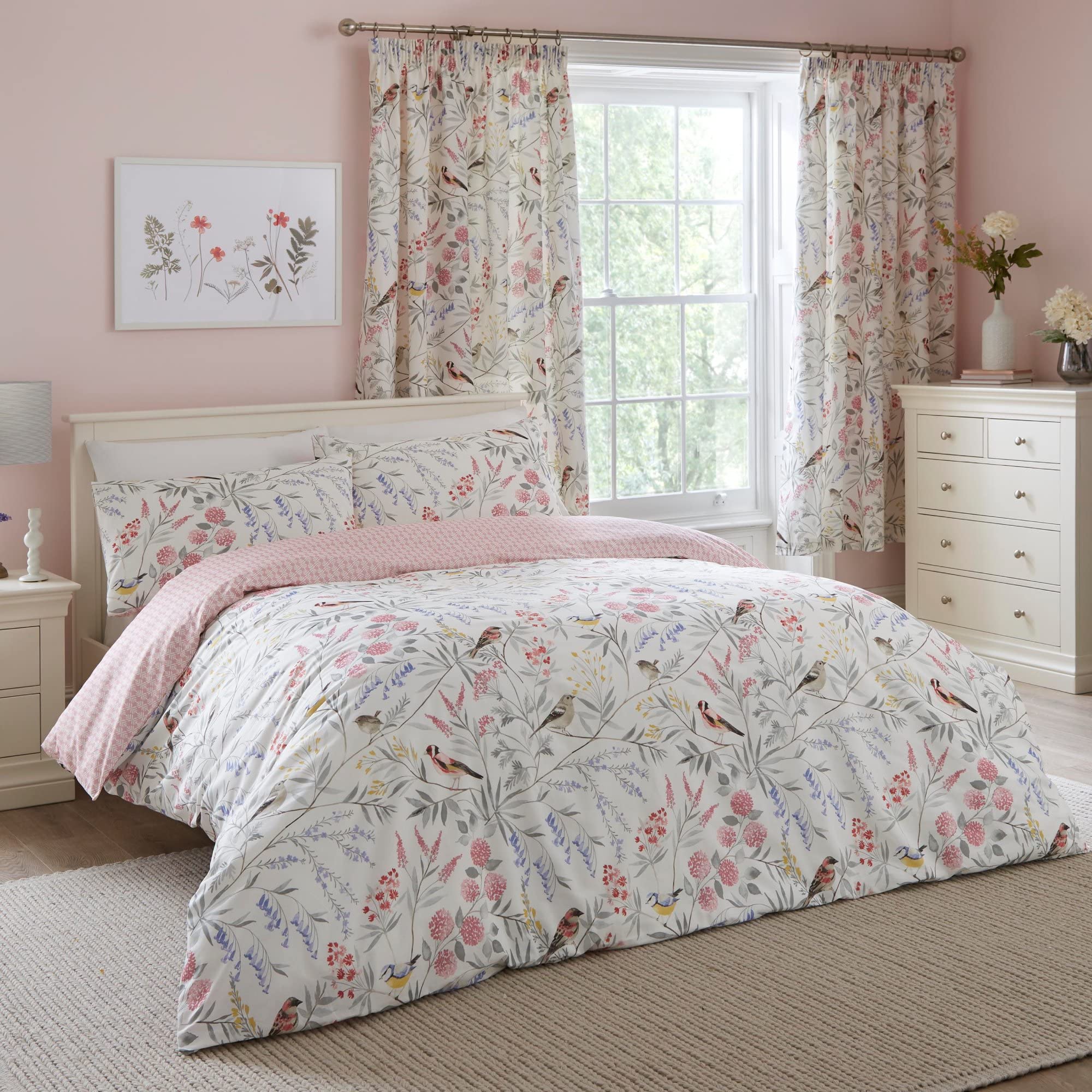 Dreams & Drapes - Pink Floral & Bird Duvet Cover - King Bedding Size (230 x 220cm) - Reversible (2 Designs) - 3 Pieces - Vintage Floral Bedding in Pink - Spring Garden Flower Duvet Cover — image 1