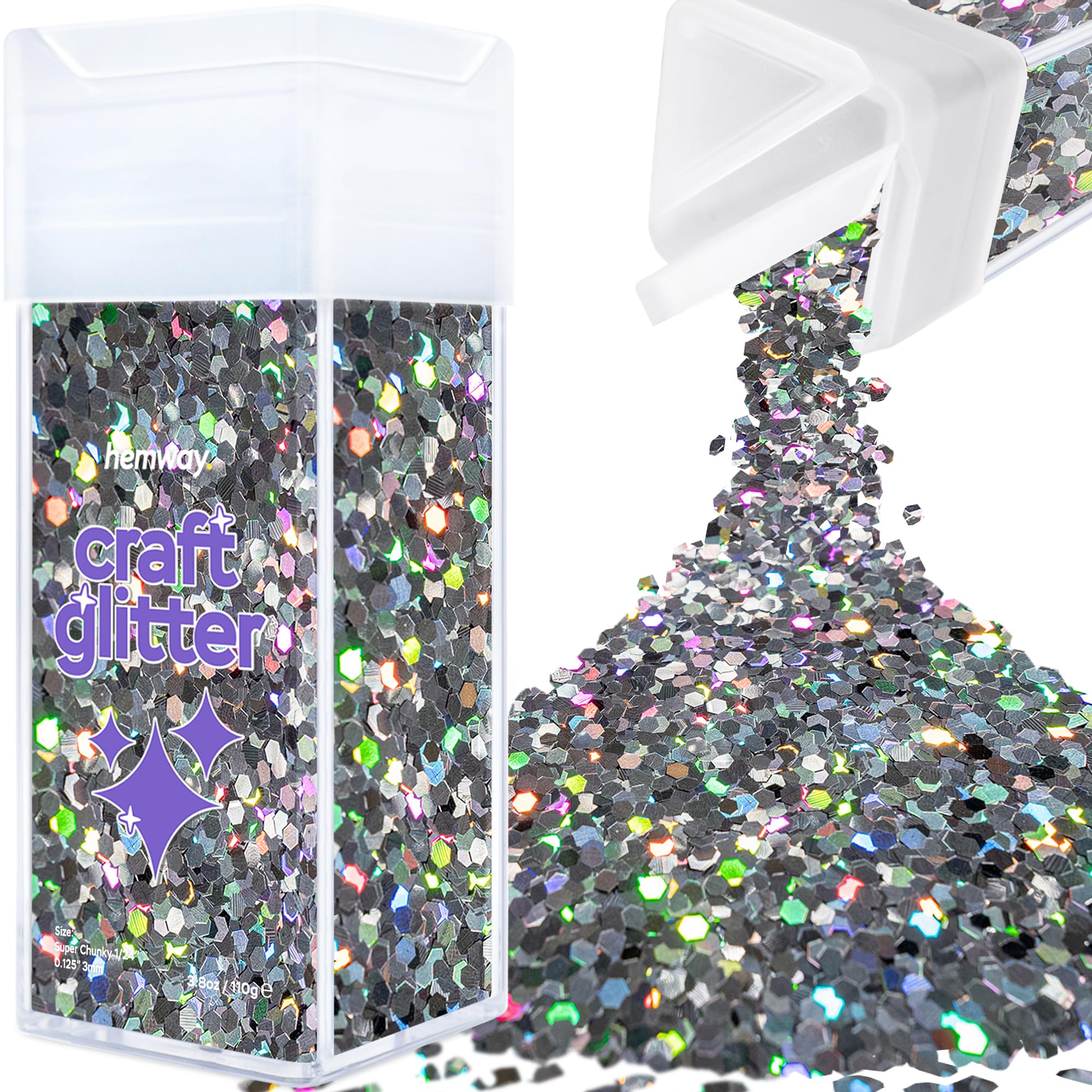 Hemway Glitter Shaker Gun Metal Grey Holographic 110g Super Chunky, Craft Glitter Shaker for Resin & Epoxy Crafts, Christmas Art Supplies, Nail, Body, Face, Eye, Festival, Crafting, Slime, Sparkle